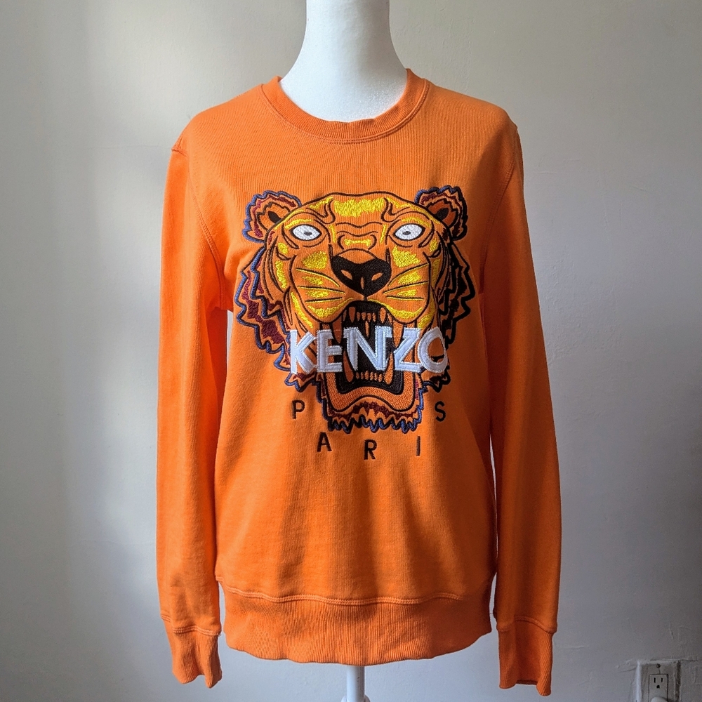 KENZO Paris Orange Tiger Head Embroidered Crewneck Sweatshirt Size L